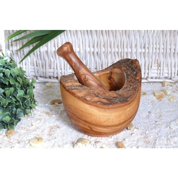 Mörser rustikal Ø 12 cm inkl. Stößel aus Olivenholz – kraftvolles Olivenholzprodukt