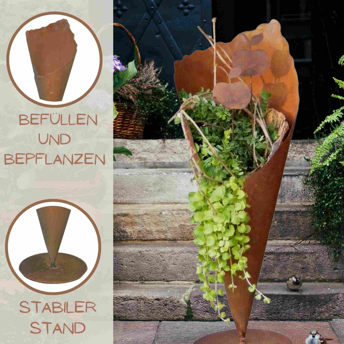 Rost Deko Pflanztüte H40/60cm Metall Vase mit Standfuß Vintage Gartendekoration