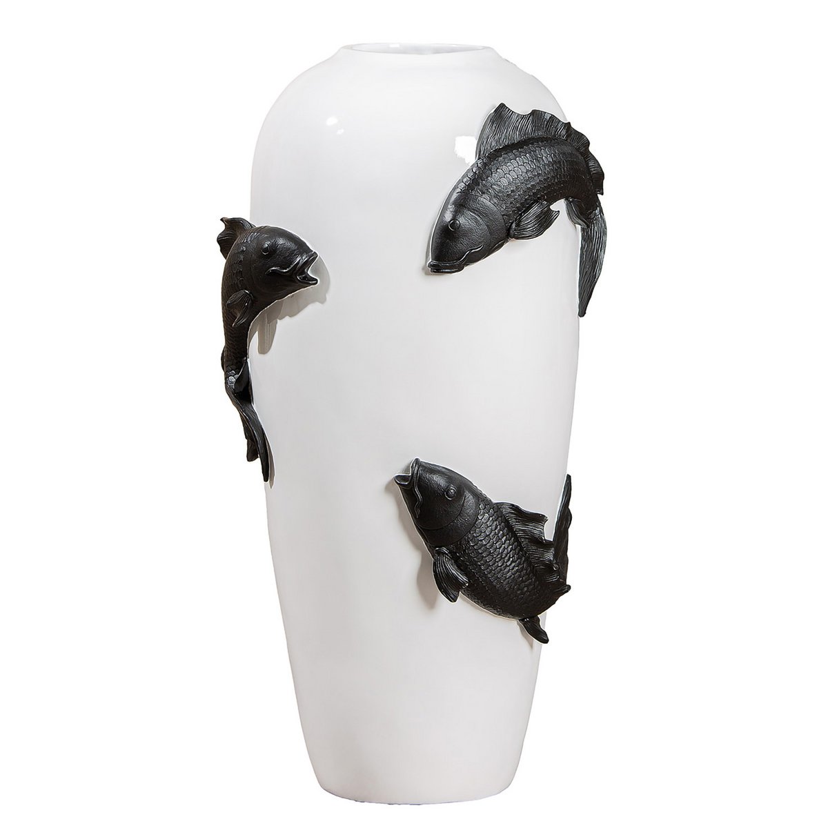 Bodenvase Koi Fische Relief H73cm Weiß mit schwarzen Fischen XXL Modern Design Dekoration