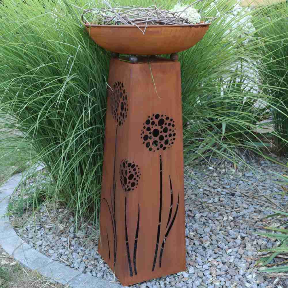 Rost Deko Säule H100cm Edelrost Pusteblume Metall mit 6 Schalenoptionen Gartendeko Vintage für Gartenpflanzen