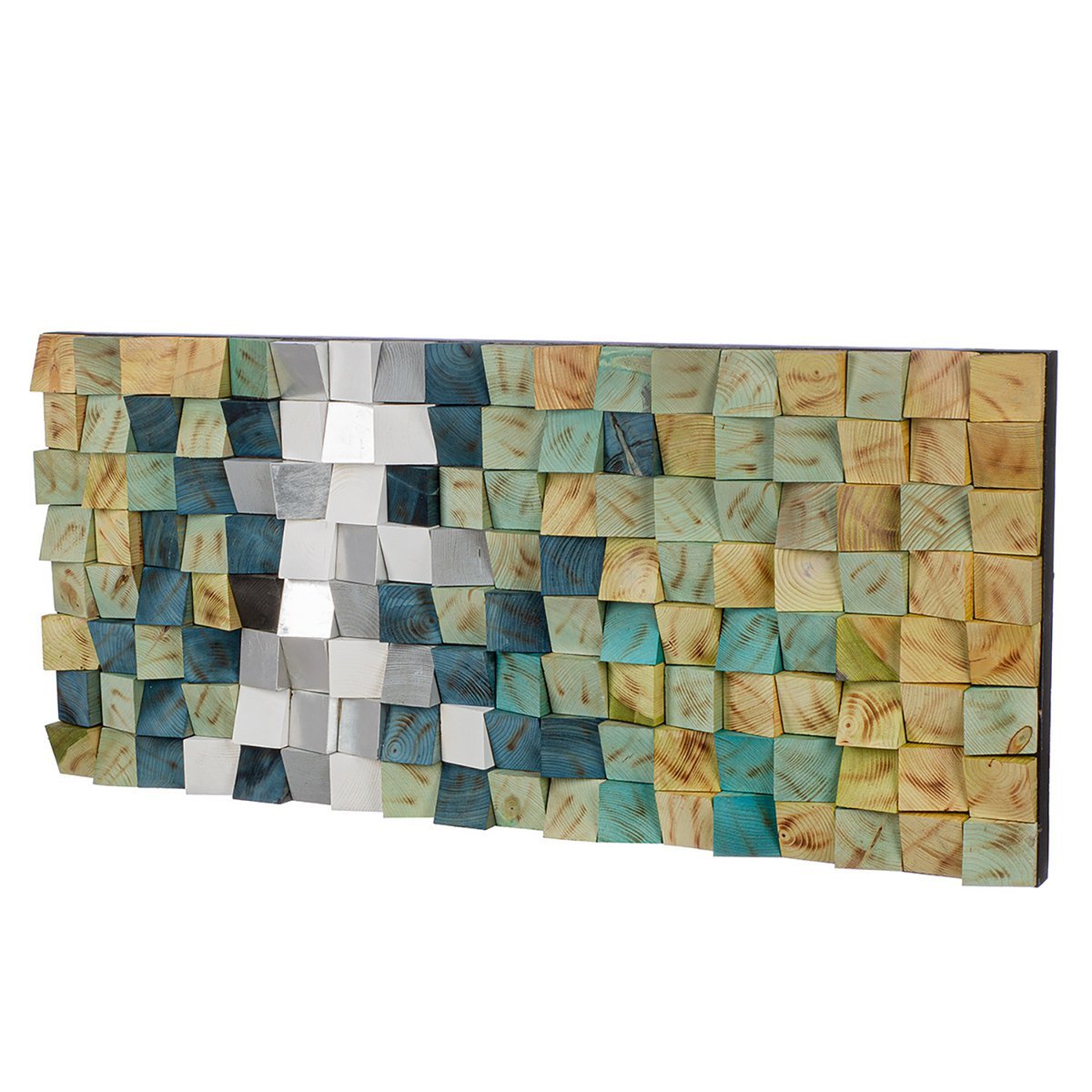 Wandbild 3D Holz 123x55cm Modern Mosaik Türkis Silber Handgefertigt Wanddekoration