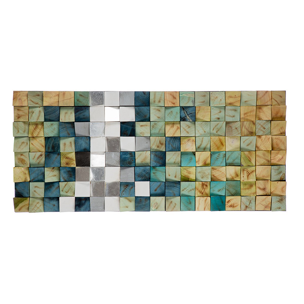 Wandbild 3D Holz 123x55cm Modern Mosaik Türkis Silber Handgefertigt Wanddekoration