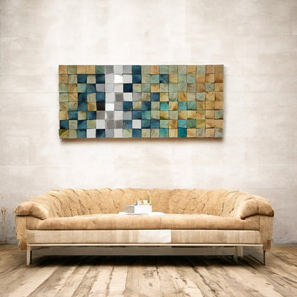 Wandbild 3D Holz 123x55cm Modern Mosaik Türkis Silber Handgefertigt Wanddekoration