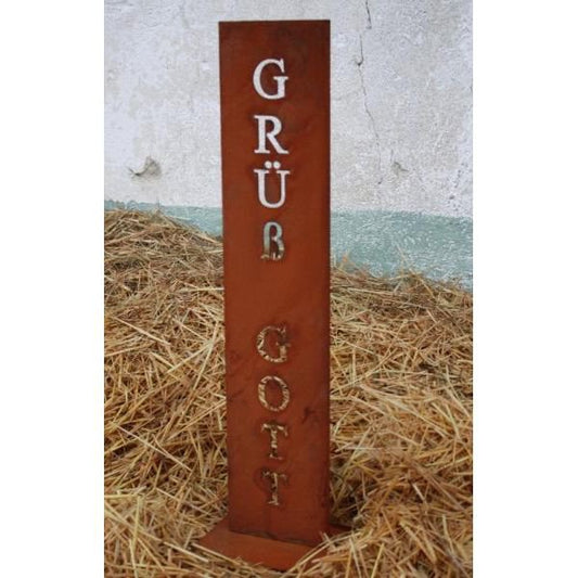 Rost Deko Ständer mit Spruch Grüß Gott H71/100cm Metall Vintage Gartendekoration Schild