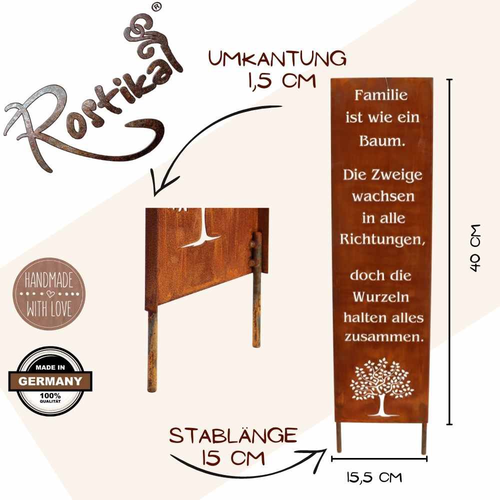 Rost Deko Ständer Familie Baum H55/100cm Metall Vintage Gartendekoration Schild mit Text über Familie