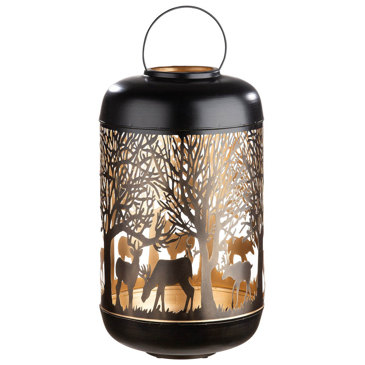 Windlicht Laterne Waldmotiv H52cm Schwarz Gold LED mit Tragegriff Modern mit Hirsch Motiv