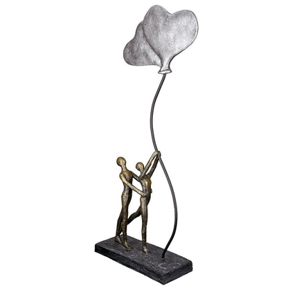 Deko Skulptur Love H48cm Bronze Silber Paar mit Herzballon Modern Liebes Dekoration Herzen