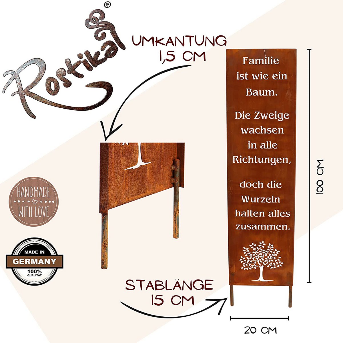 Rost Deko Ständer Familie Baum H55/100cm Metall Vintage Gartendekoration Schild mit Text über Familie