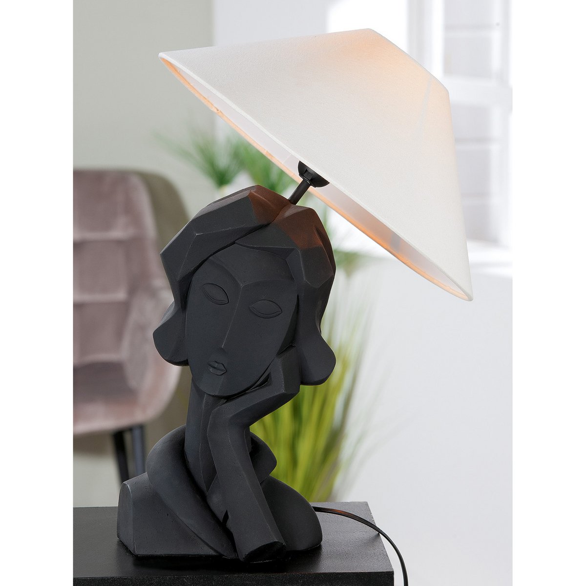 Tischlampe Design Büste H50cm Schwarz Matt mit Schirm Modern Dekolampe