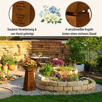 Rost Deko Säule Familie Spruch H57cm Metall mit Pflanzschale 35x35cm Baummotiv Gartendekoration