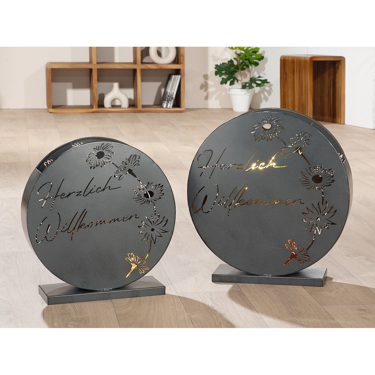 2er Set Windlicht Set Herzlich Willkommen Schriftzug H45cm Grau Metall 2 teilig Antik