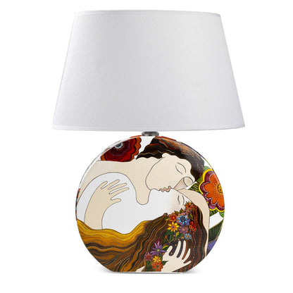 Tischlampe Design Kunst H47cm Bunt mit Schirm Keramik Modern Erster Kuss Liebesmotiv Dekoration