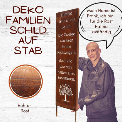 Rost Deko Ständer Familie Baum H55/100cm Metall Vintage Gartendekoration Schild mit Text über Familie