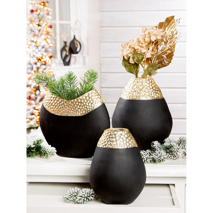 Vase Design H29cm Schwarz Gold Hammerschlag Modern Dekoration