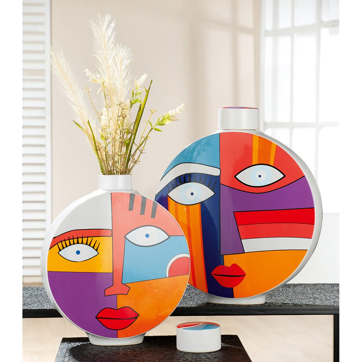 Deko Vase Gesicht Art H34cm Keramik Bunt Modern mit Deckel Abstrakte Vase Dekoration