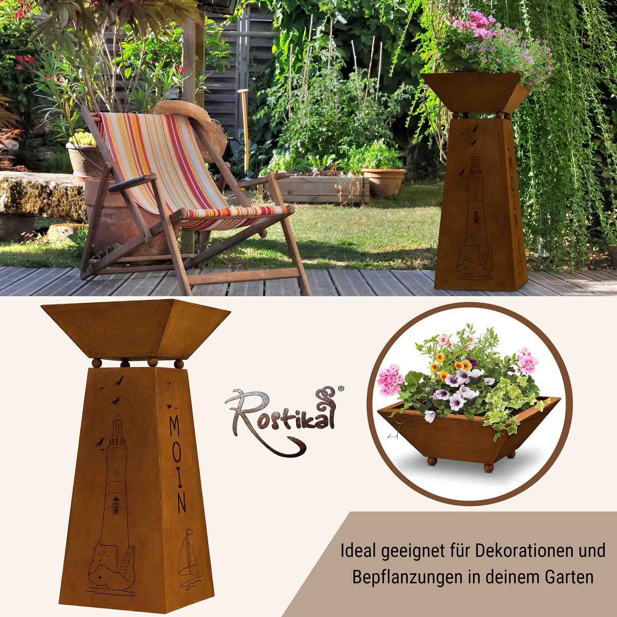 Rost Deko Säule Moin H57cm Edelrost Leuchtturm Maritim mit Pflanzschale 35x35cm Gartendeko