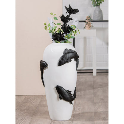 Bodenvase Koi Fische Relief H73cm Weiß mit schwarzen Fischen XXL Modern Design Dekoration