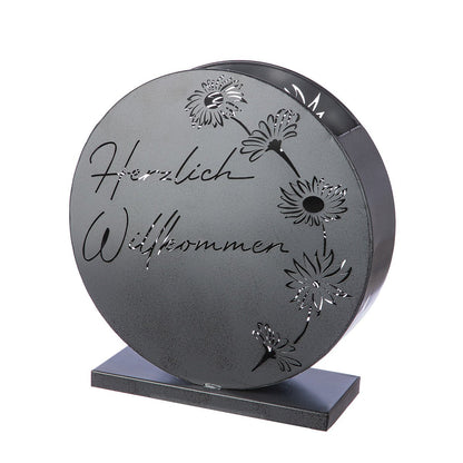 2er Set Windlicht Set Herzlich Willkommen Schriftzug H45cm Grau Metall 2 teilig Antik