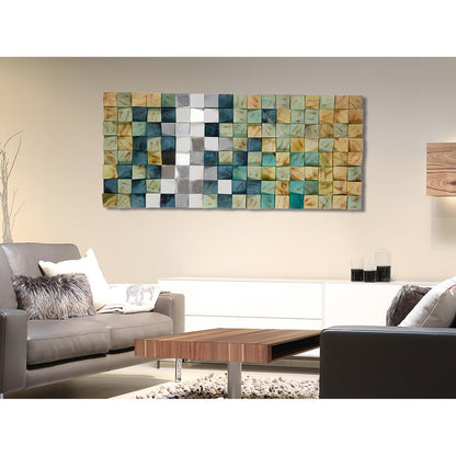 Wandbild 3D Holz 123x55cm Modern Mosaik Türkis Silber Handgefertigt Wanddekoration