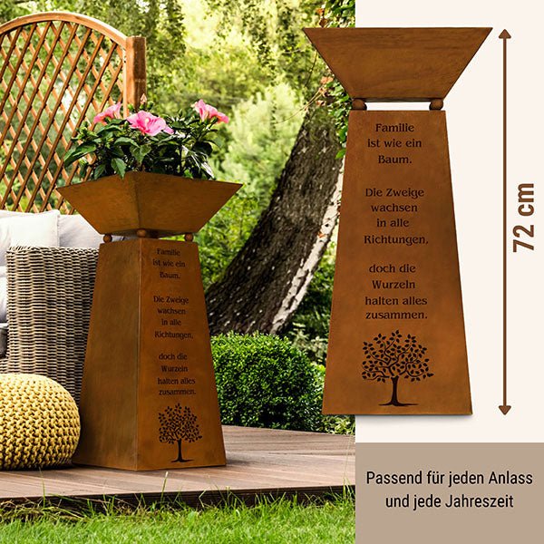 Rost Deko Säule Familie Spruch H57cm Metall mit Pflanzschale 35x35cm Baummotiv Gartendekoration