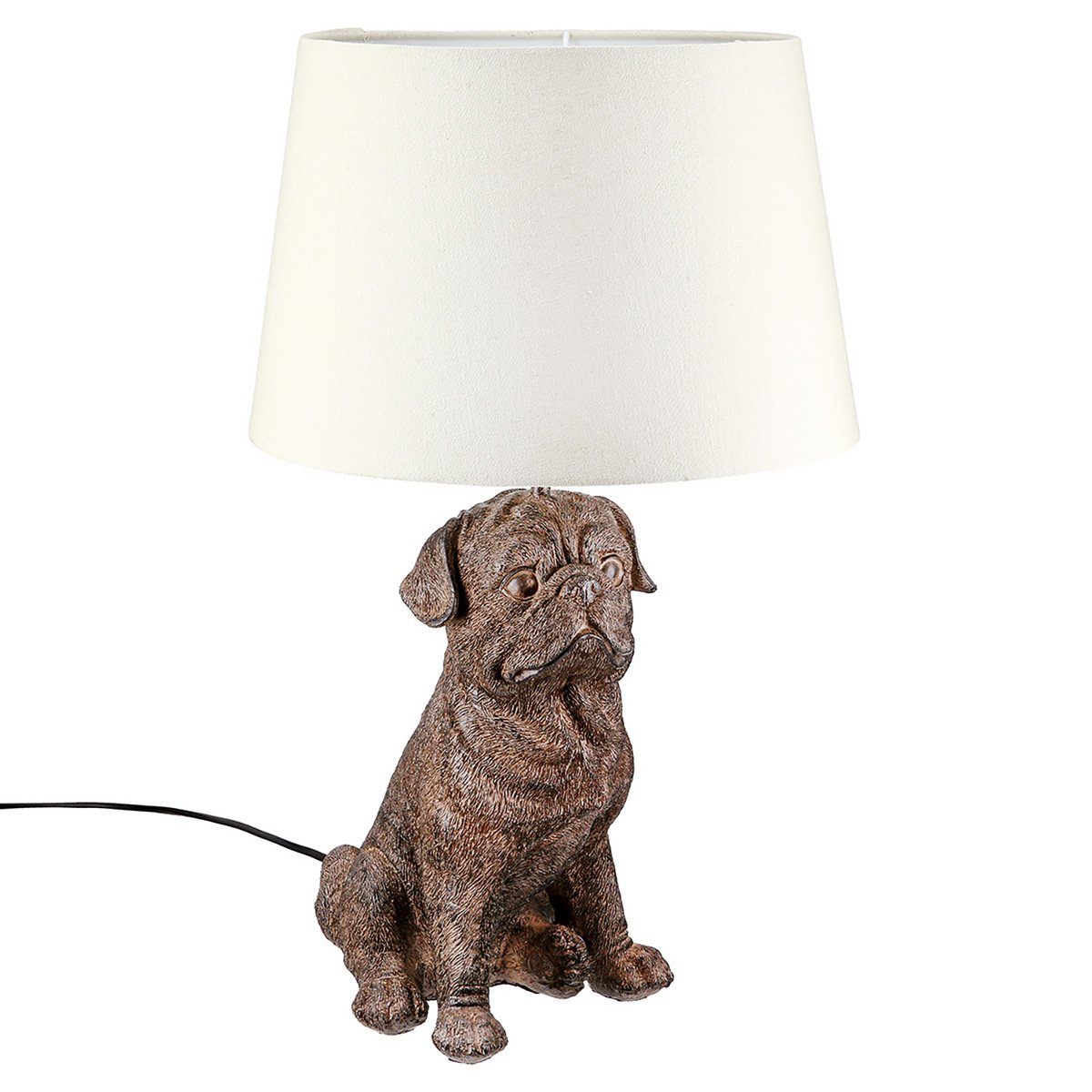 Tischlampe mit Mops Figur H52cm Kunstharz Braun Vintage Design mit Schirm Dekoration