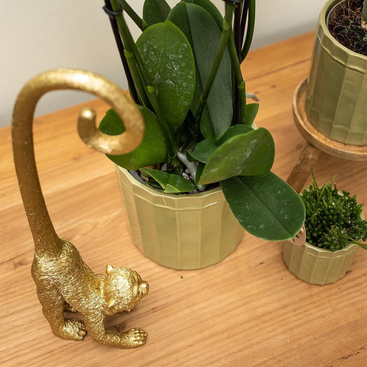 Kolibri Home | Polystone Affenskulptur mit langem Schwanz in Gold - 31cm Hoch Goldene Dekoration Affen Figur - grüne-wurzel