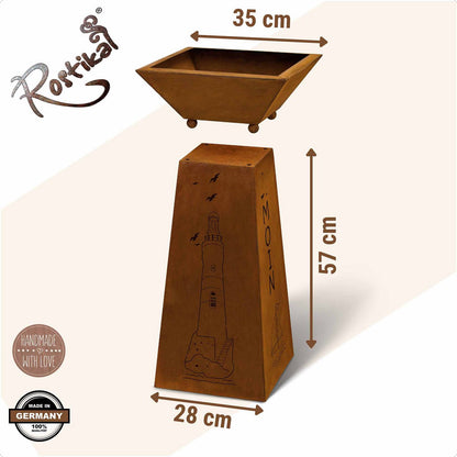 Rost Deko Säule Moin H57cm Edelrost Leuchtturm Maritim mit Pflanzschale 35x35cm Gartendeko