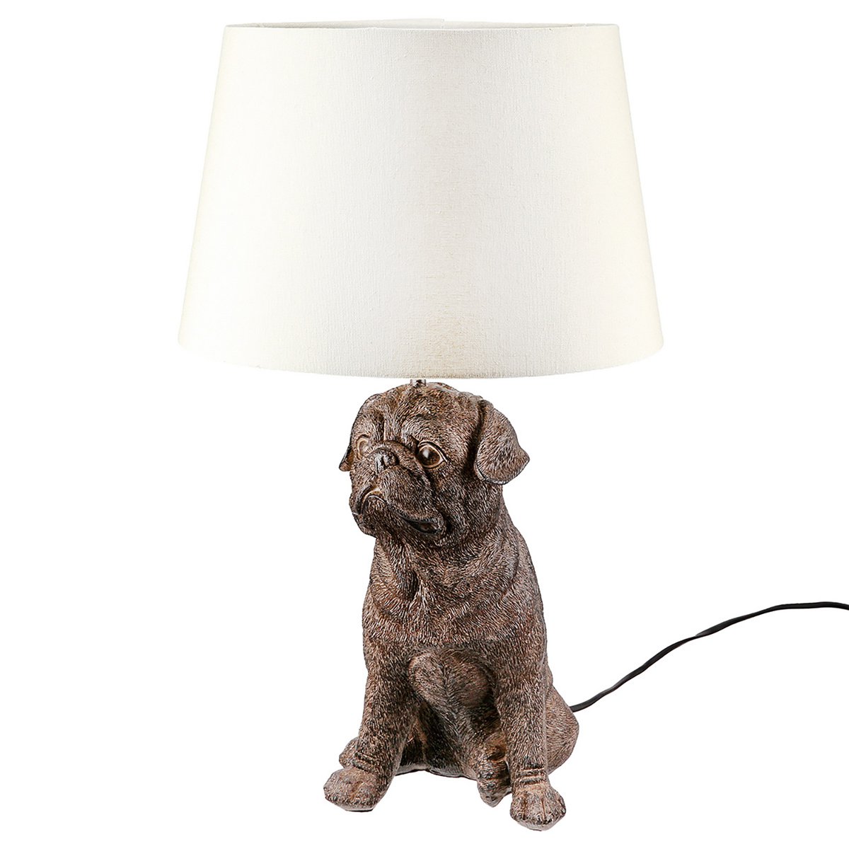 Tischlampe mit Mops Figur H52cm Kunstharz Braun Vintage Design mit Schirm Dekoration