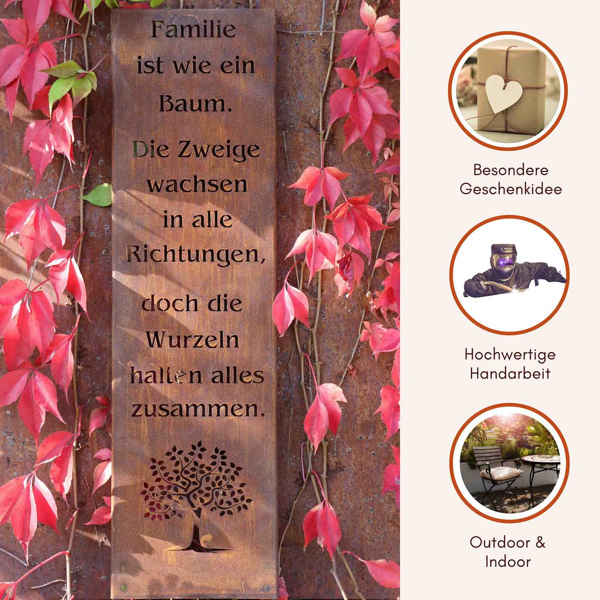 Rost Deko Ständer Familie Baum H55/100cm Metall Vintage Gartendekoration Schild mit Text über Familie