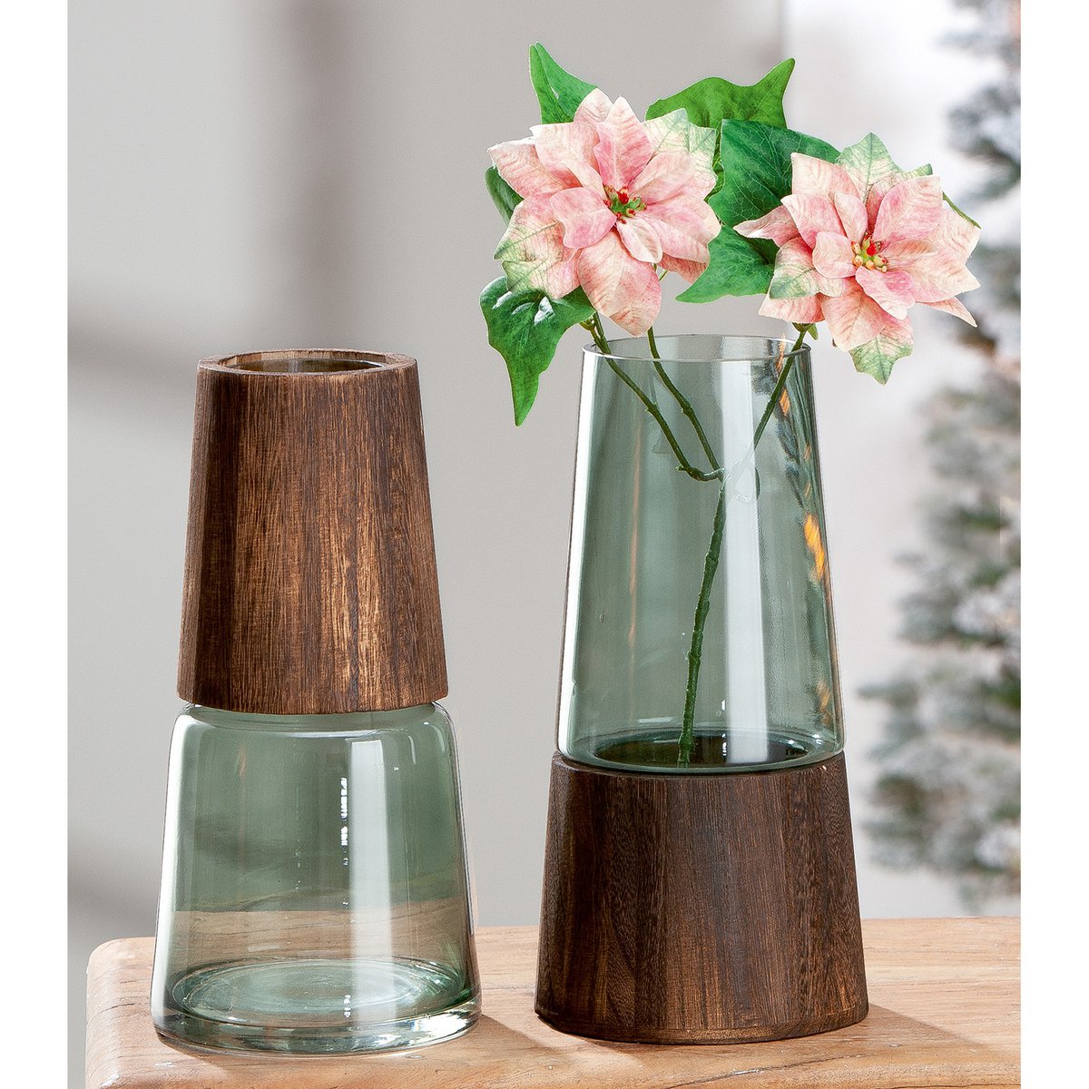 Vase Glas Holz H29cm Braun Grün Design Modern Skandinavisch Dekoration