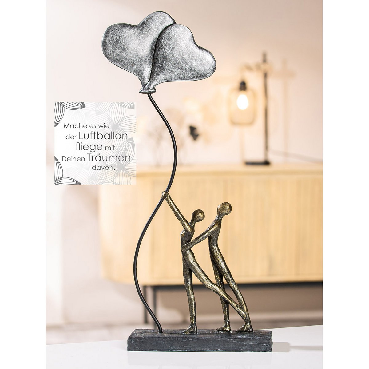 Deko Skulptur Love H48cm Bronze Silber Paar mit Herzballon Modern Liebes Dekoration Herzen